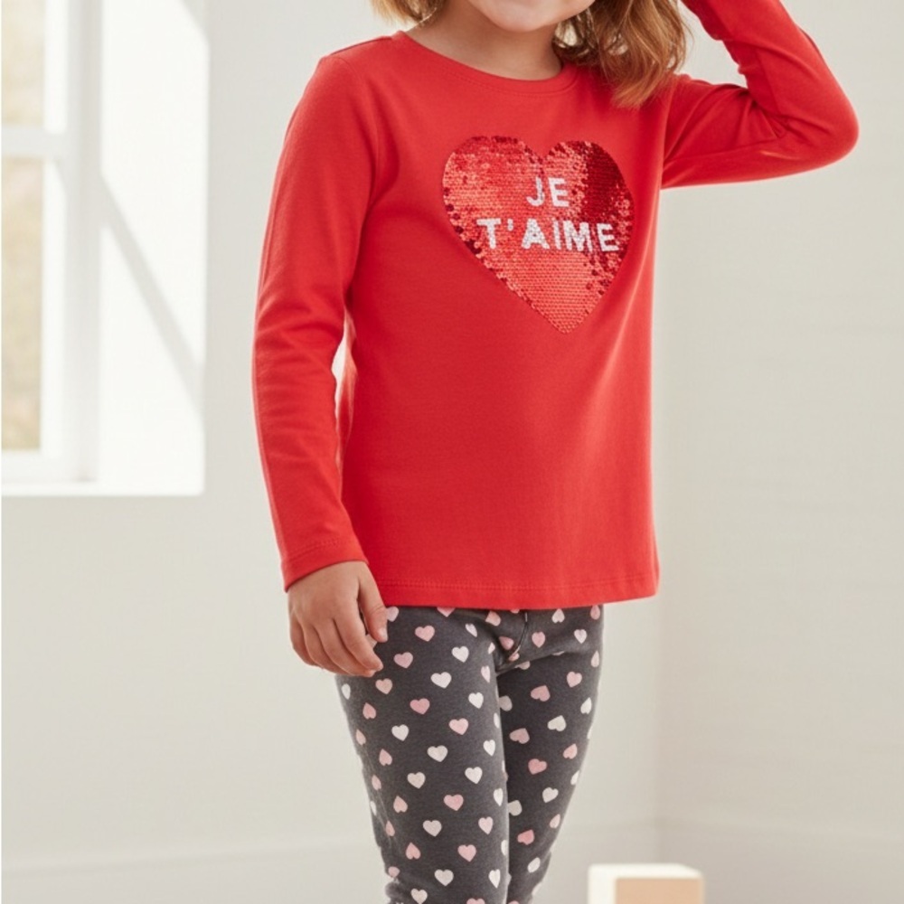 OshKosh B'gosh Girls XL 14 Flip Sequin Je T'aime Te Amo Heart Tee
